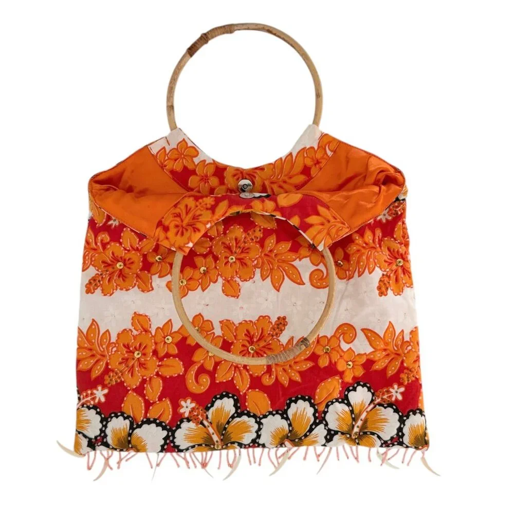 Kisses & Hugs Vintage Tropical Resort Floral Boho Beaded Bamboo Handle Purse Bag